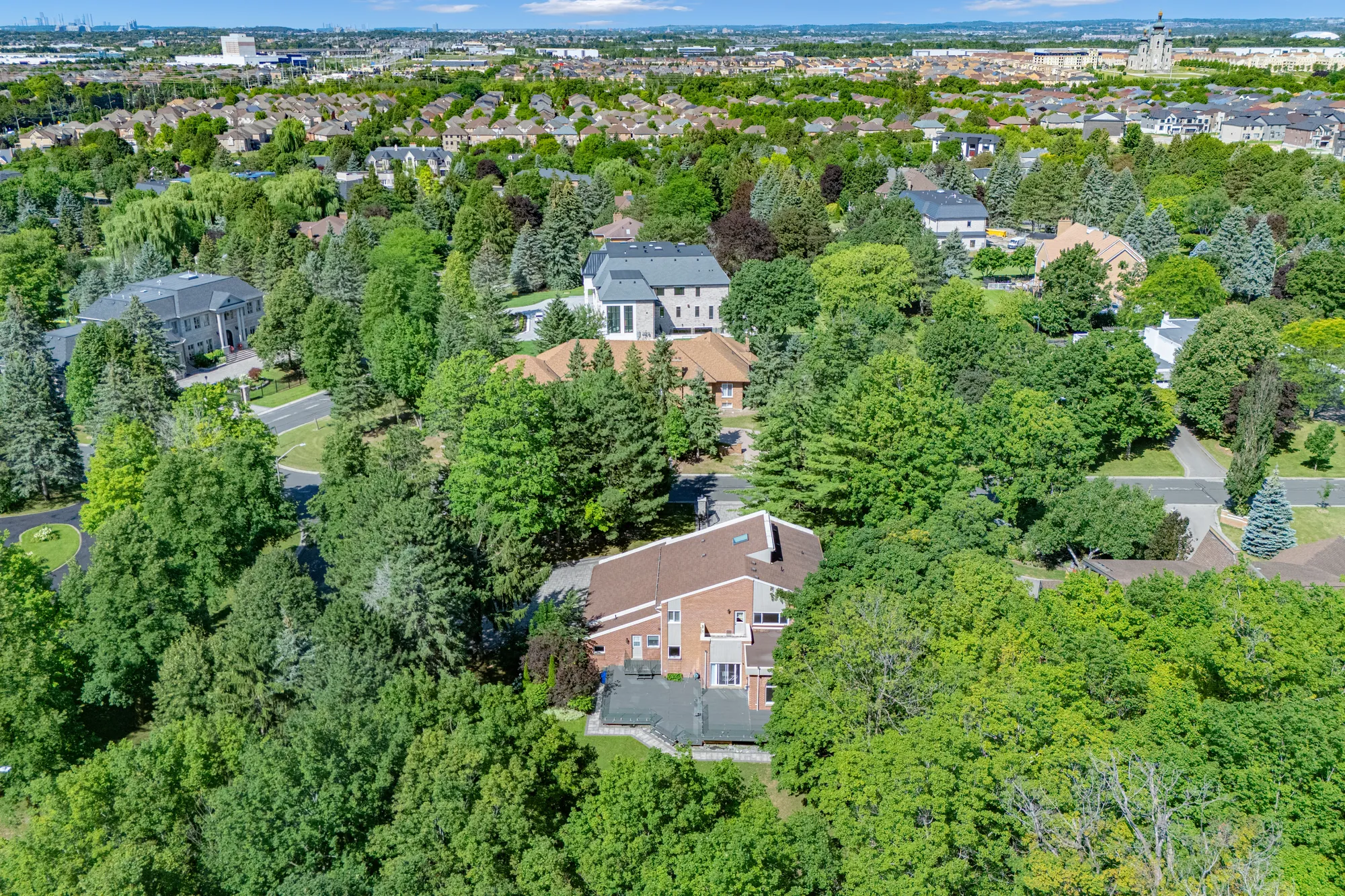 A high view over the house and the neighbourhood: large houses among trees in the foreground, rooftops reaching to the horizon