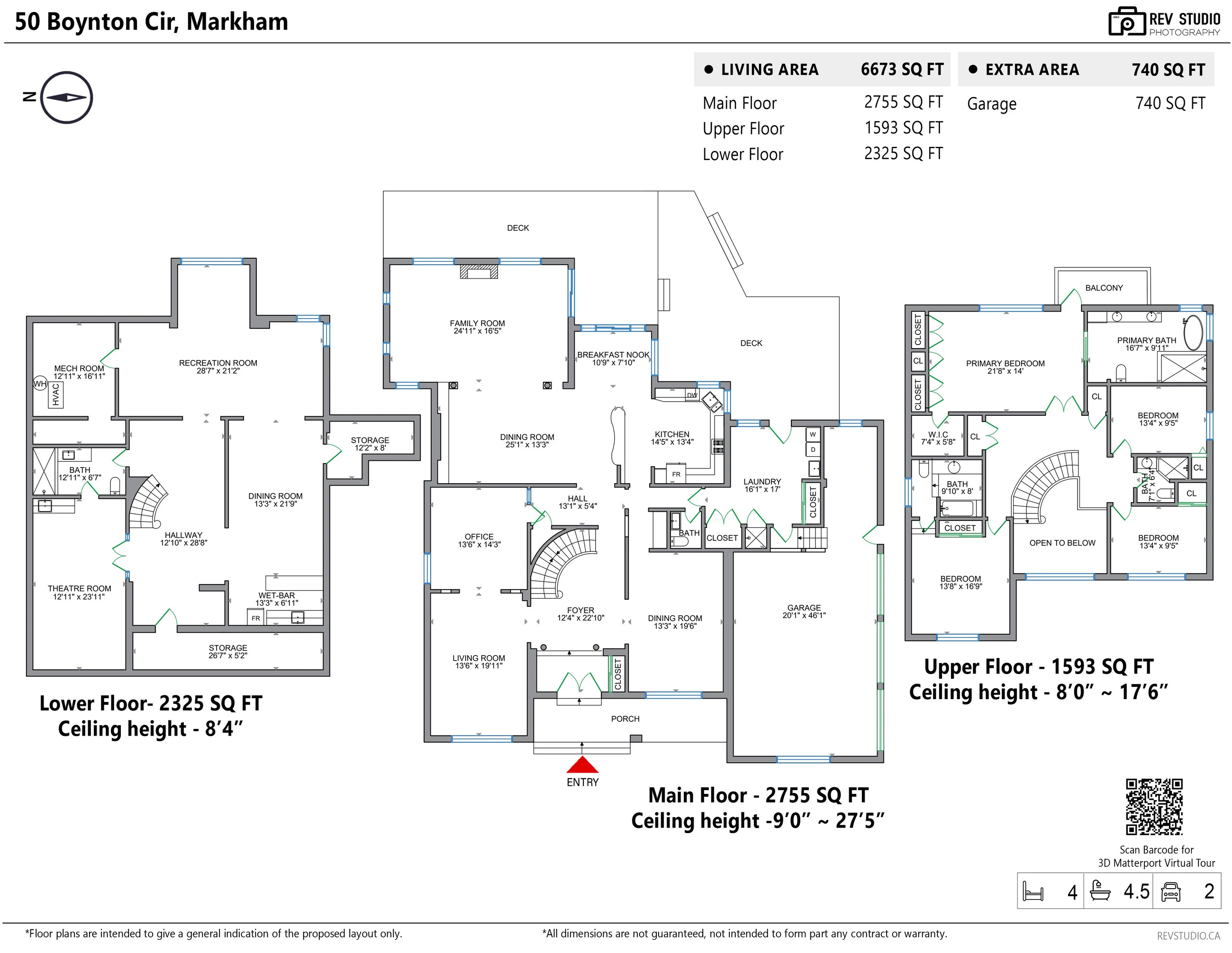Floor plan of 50 Boynton Circle: the lower floor with the recreation room, the theatre room, a dining room, the wet bar, the hallway, a bathroom, the mechanical room and storage; the main floor with the foyer, the living room, the office, two dining rooms, the family room, the breakfast nook, the kitchen, the laundry, a powder room, the porch, the decks and the garage; the upper floor with the primary bedroom and its bathroom, three more bedrooms, two bathrooms, a walk-in closet, the balcony and the landing open to the foyer